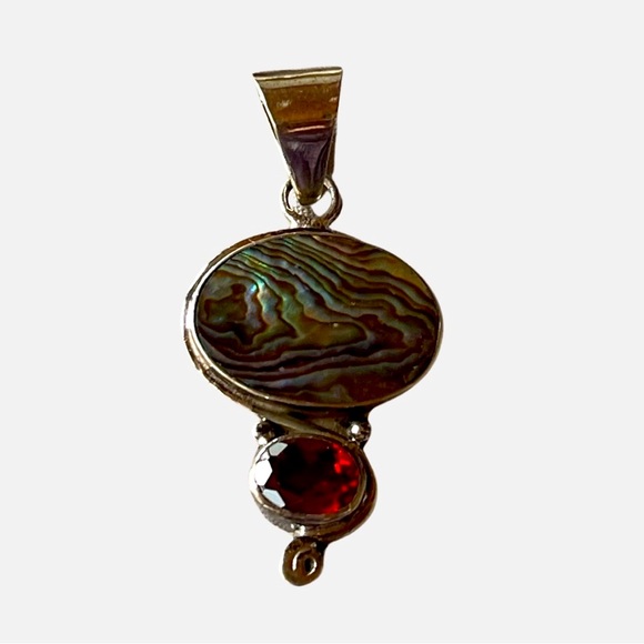 Sterling Silver Abalone w Garnet Pendant is New Old Stock with Heavier Sterling. - Picture 7 of 8